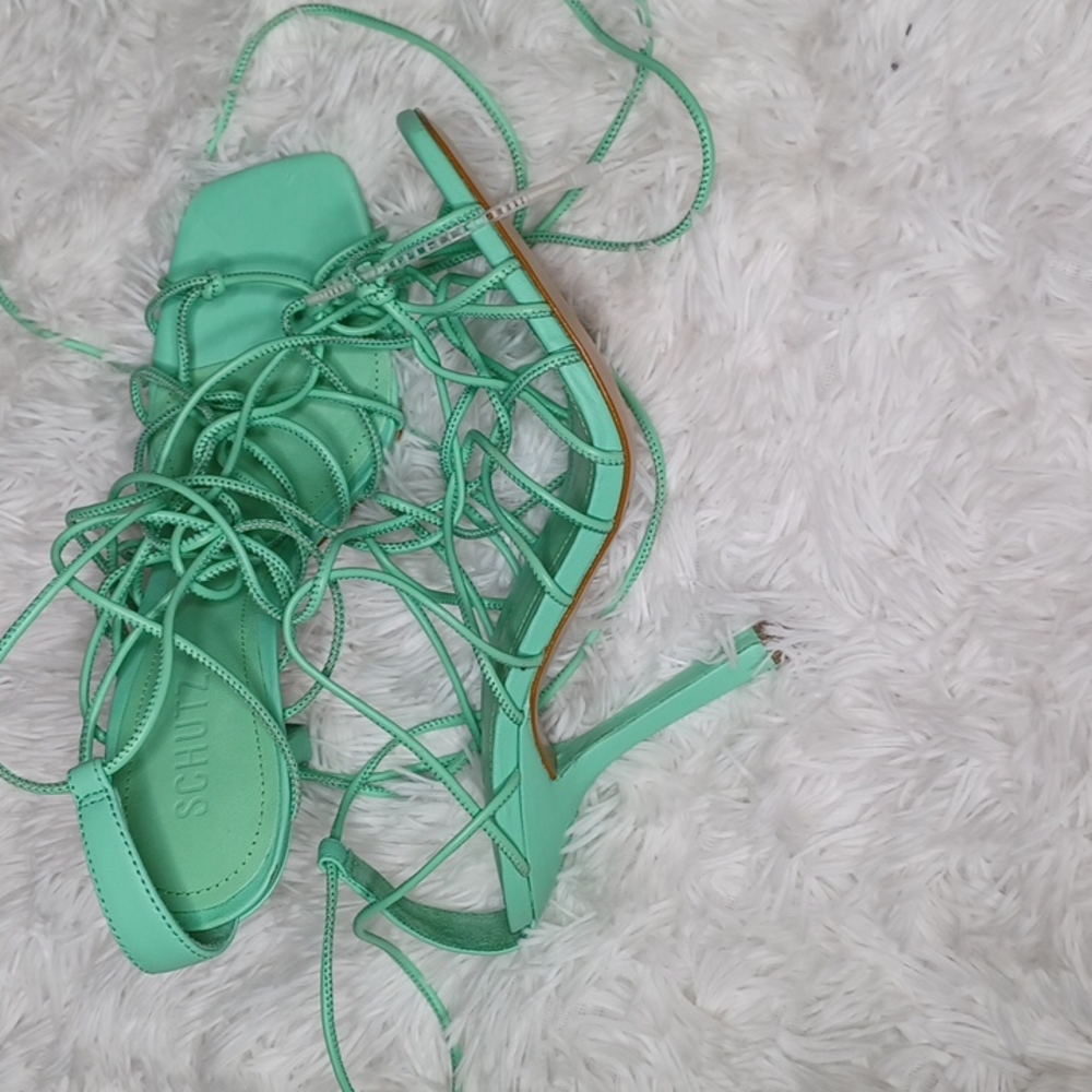 SCHUTZ Heyde Nappa Leather Heeled Strappy Lace Up Sandal Mint Green NEW Size 9.5 - Picture 2 of 10